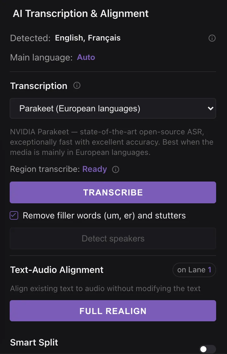 The AI Transcription & Alignment panel: detected English and French, Parakeet selected, the TRANSCRIBE button and the filler-word option