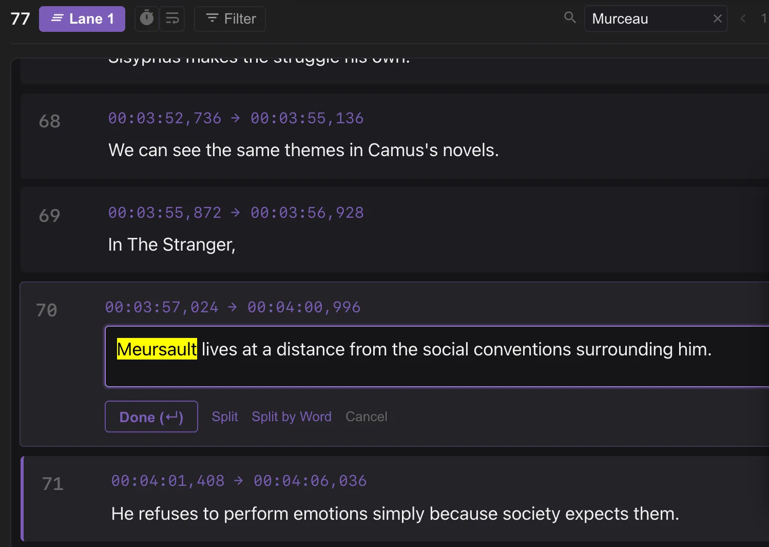 Search finds “Murceau”; the line is corrected to “Meursault” in the inline editor