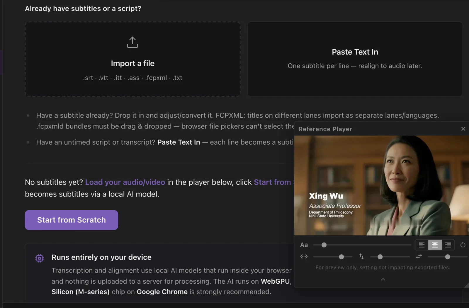 The interview video loaded: the Reference Player shows it and the Start from Scratch button is ready