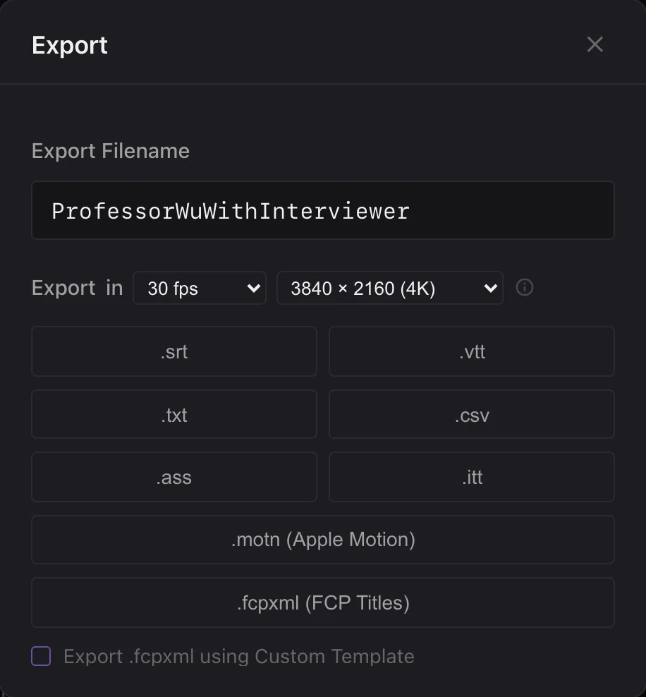 The Export dialog with frame rate, frame size and every export format