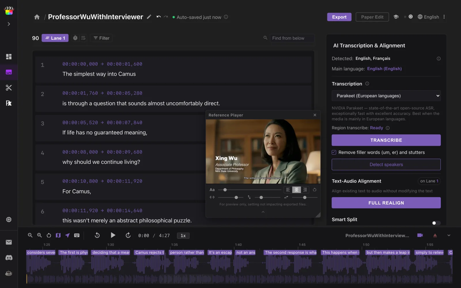 The script timed to the interview: each subtitle block sits on its speech in the waveform