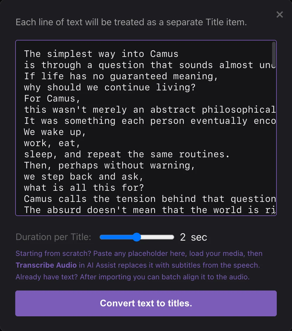 The Paste Text In box with the interview script, one line per subtitle, and the Convert text to titles button
