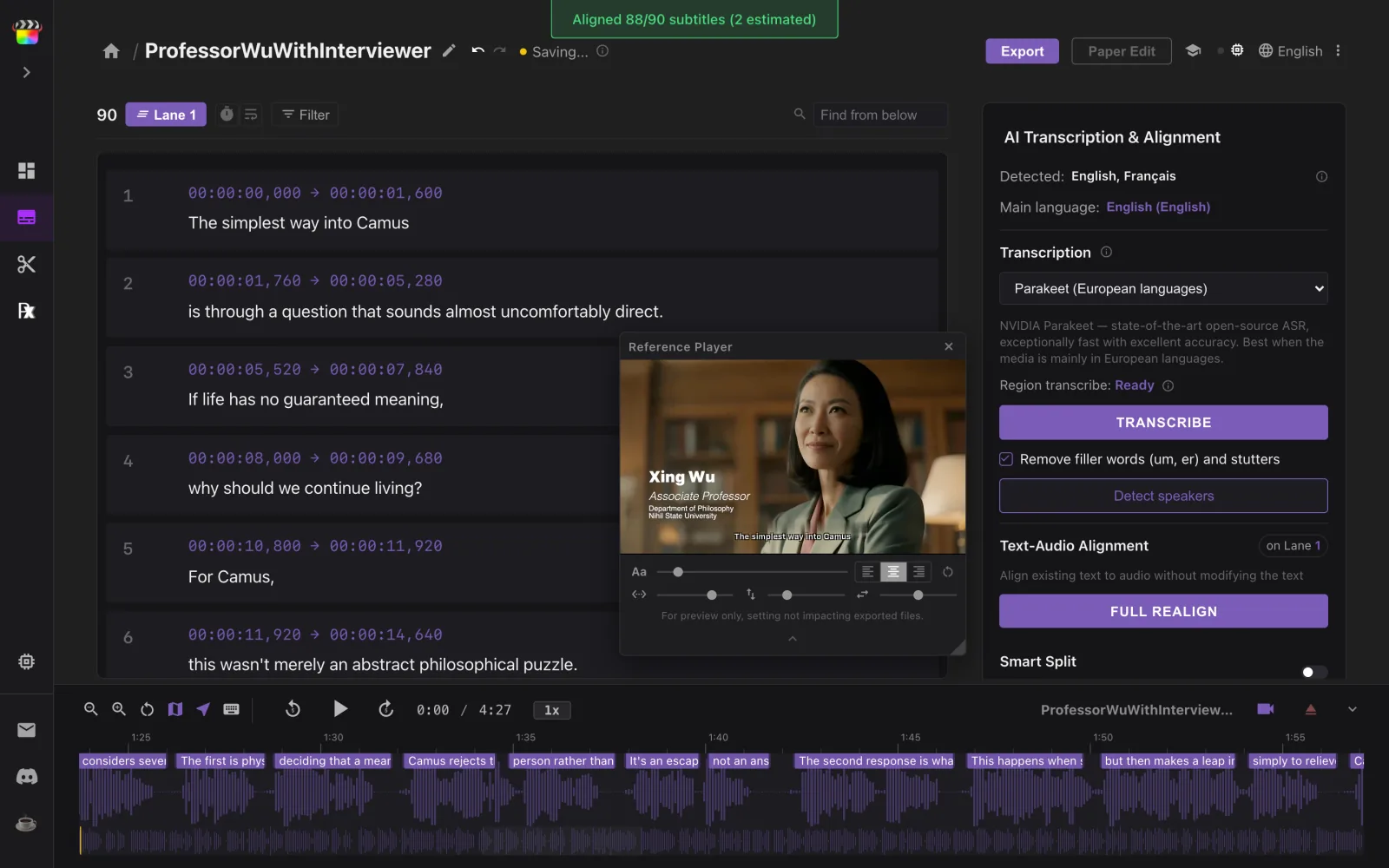 The finish message “Aligned 88/90 subtitles (2 estimated)” above the realigned subtitles