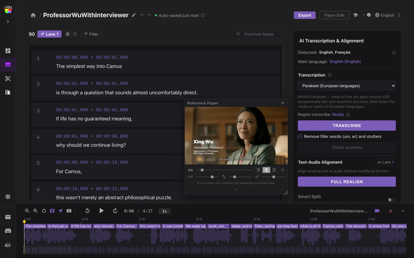 The pasted script as 2-second placeholder subtitles, with the FULL REALIGN button in the AI panel