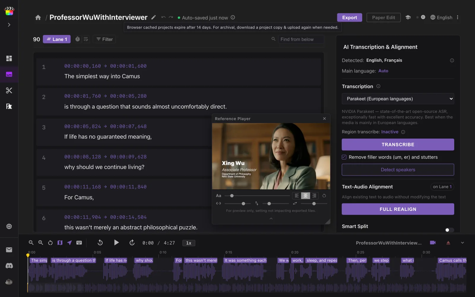 The Subtitle Wrangler editor with the interview: subtitle list, waveform and the Reference Player