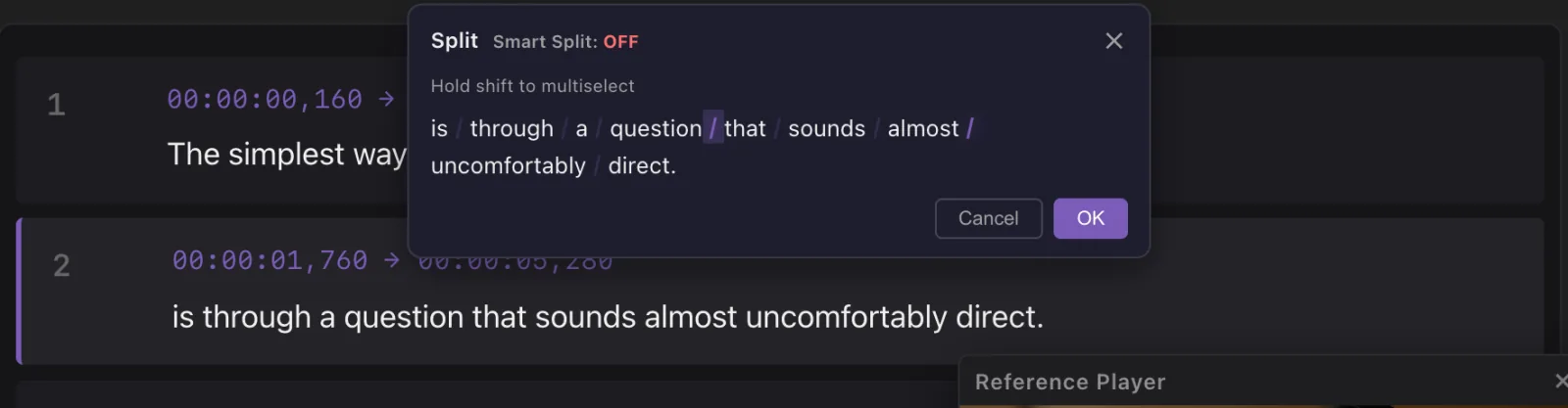The Split word picker: a gap after “question” marked, with Cancel and OK