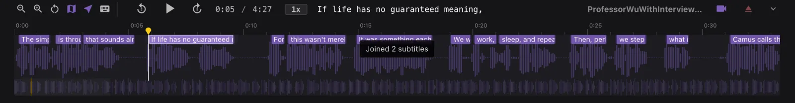 Subtitle blocks on the waveform, each sitting on its speech