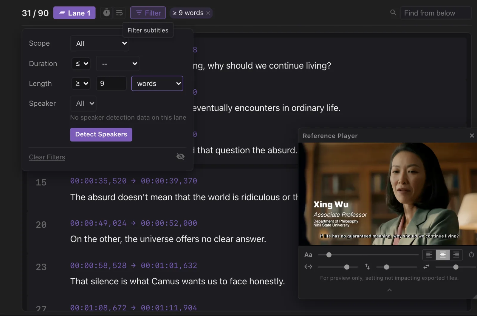 The Filter panel set to lines of 9 words or more: 31 of 90 subtitles shown