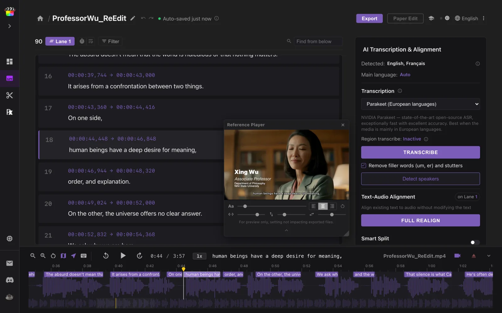 The re-edited interview loaded with the old subtitles, which now play at their old times