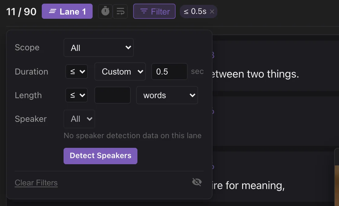 The Filter panel set to Duration ≤ 0.5 sec: 11 of 90 lines — the ones from the part that was cut