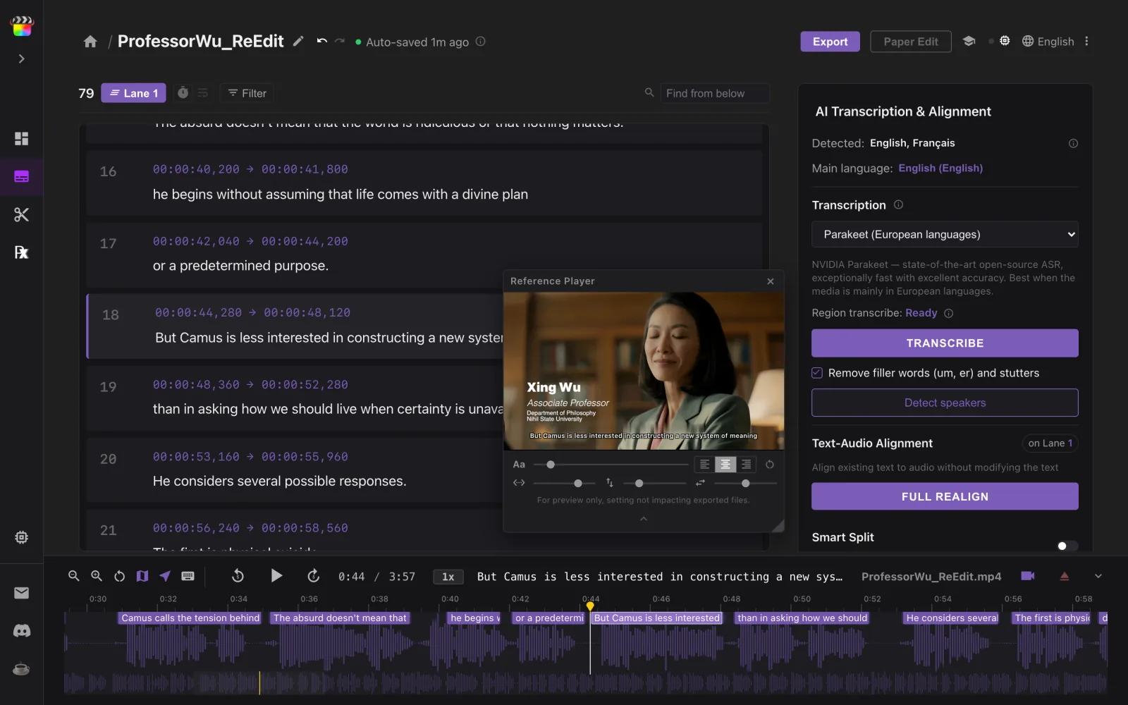 After the cut lines are deleted: 79 subtitles, each back on its speech in the waveform