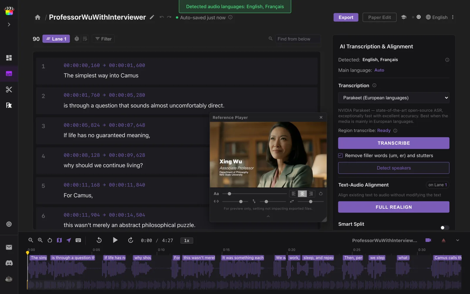 An SRT loaded in Subtitle Wrangler with the interview video: subtitle list, waveform blocks and the Reference Player