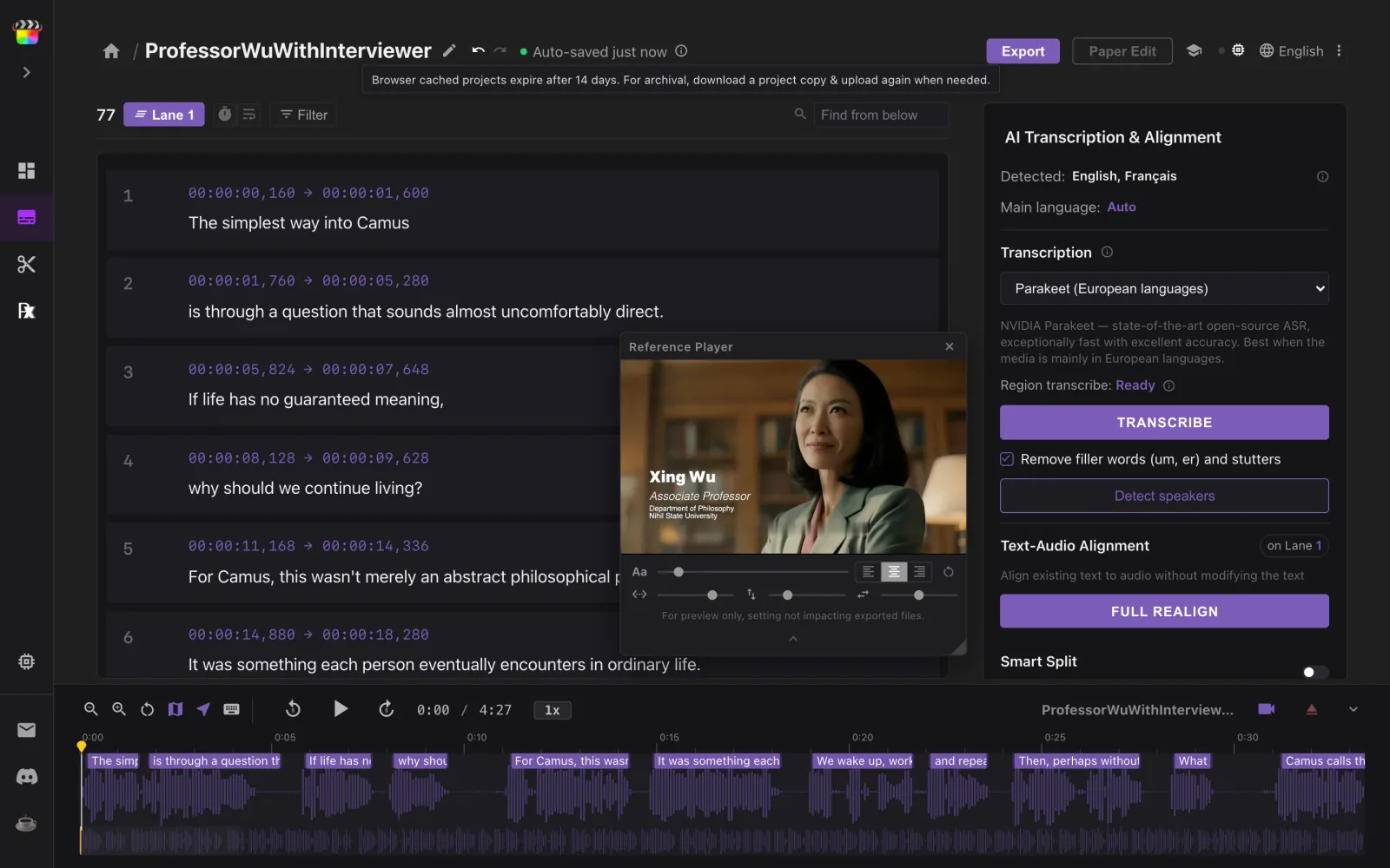 The transcribed interview in the editor, each subtitle on the waveform